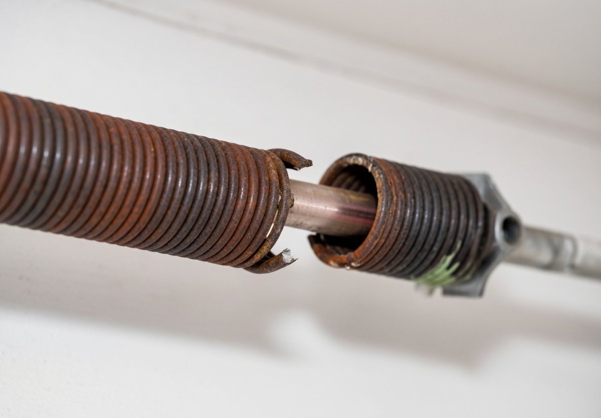 Close-up of a broken rusted garage door torsion spring showing the snap point