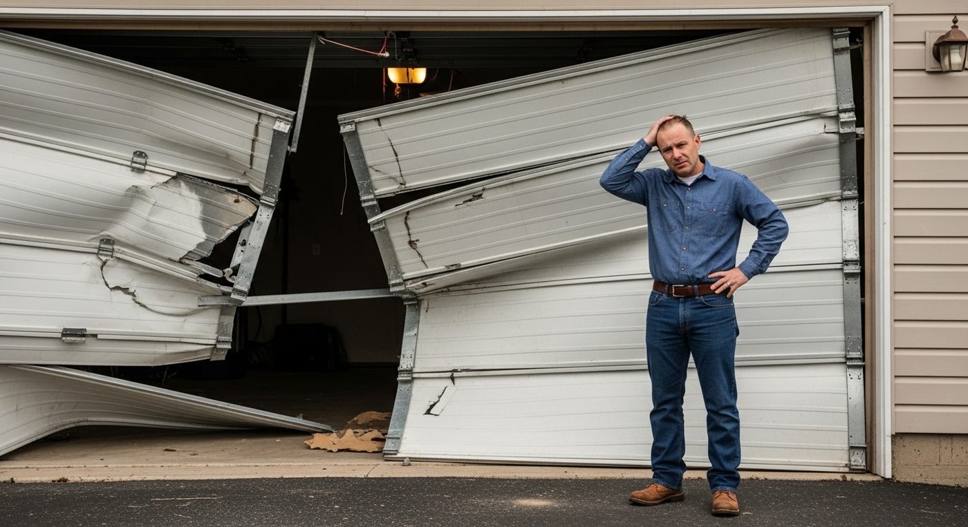 Homeowner facing a destroyed garage door needing emergency repair in North Alabama