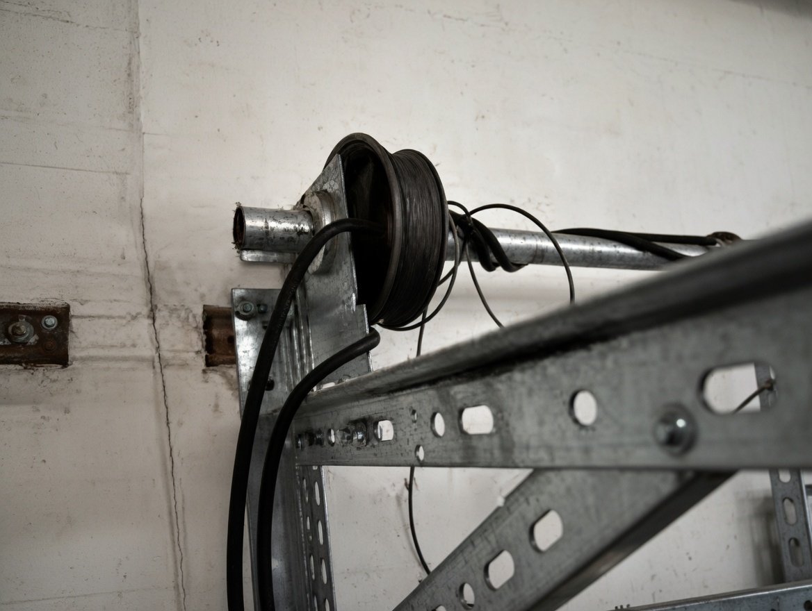 Broken garage door cable drum showing tangled and snapped lift cable