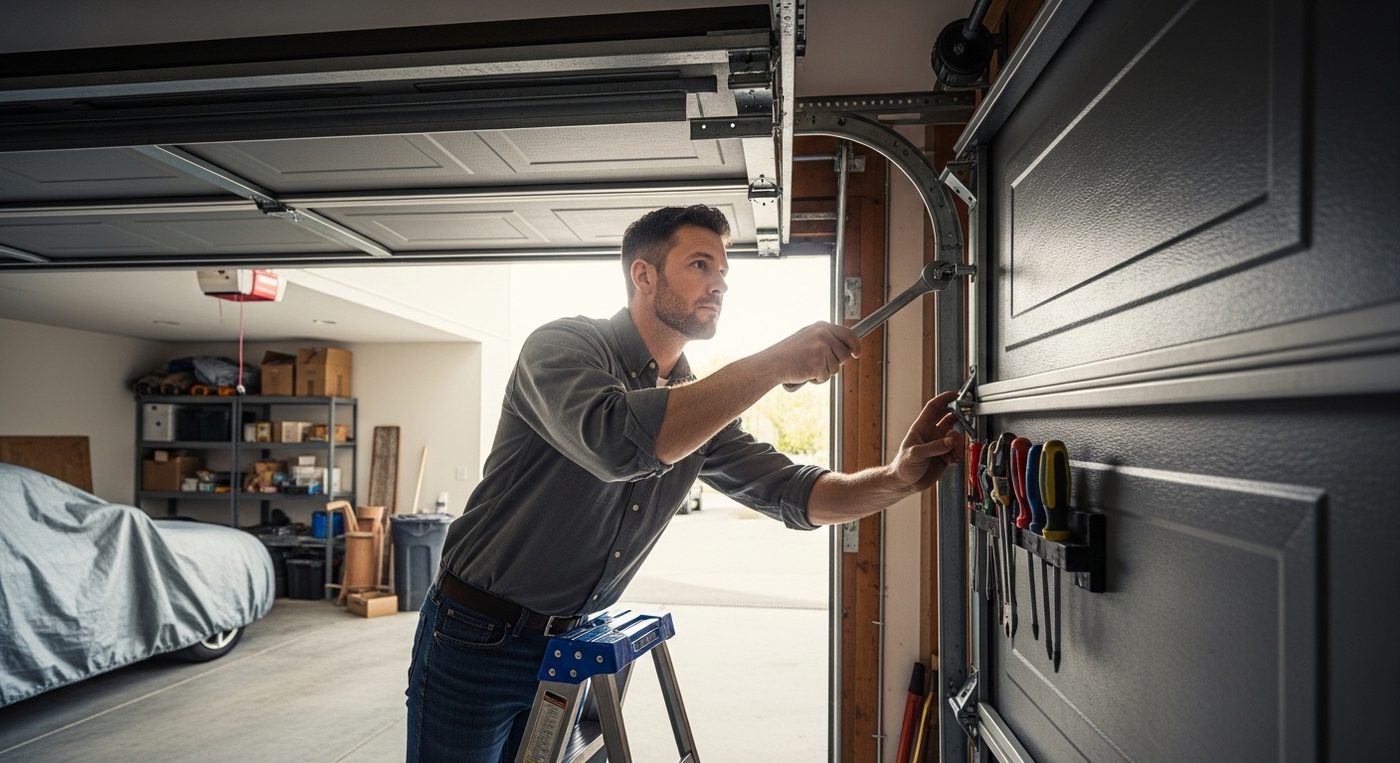 Professional garage door technician repairing a LiftMaster opener in North Alabama