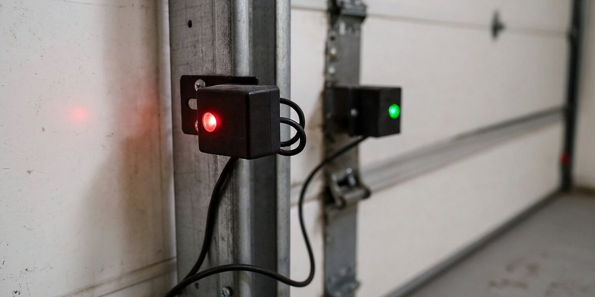 Garage door safety sensors showing red blinking left and green right — misalignment guide