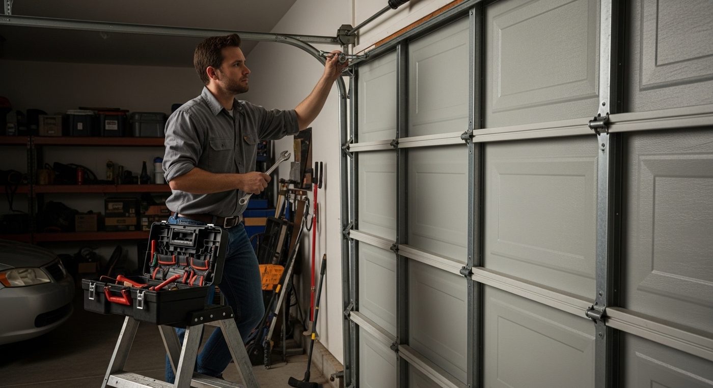 Garage door service technician with toolbox performing spring repair in North Alabama