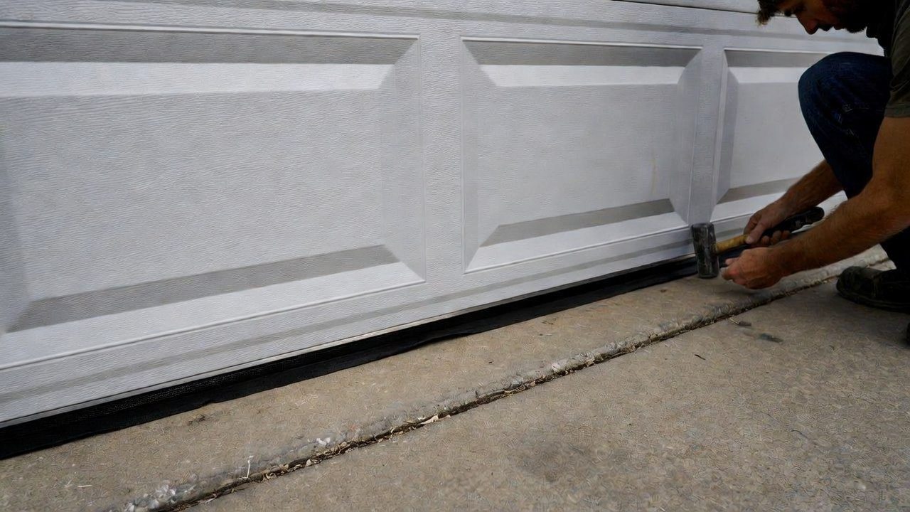 Technician installing a new bottom weatherseal on a residential garage door