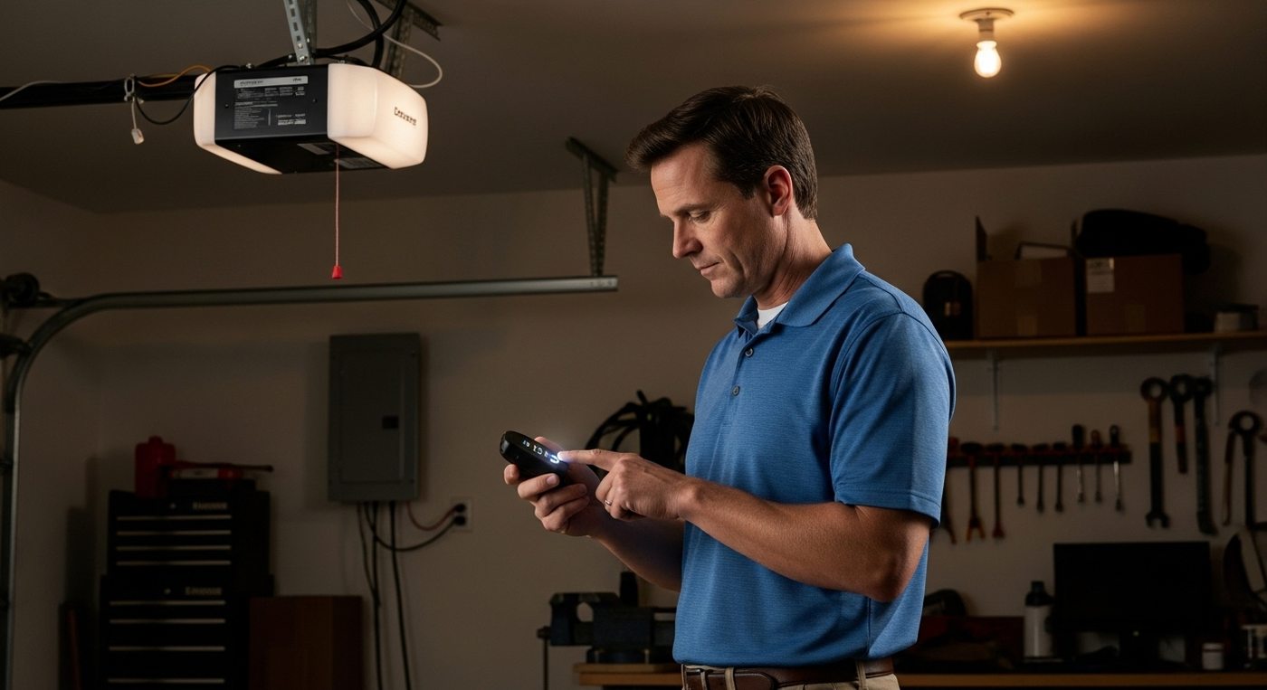 Homeowner programming a garage door opener remote with motor unit visible overhead