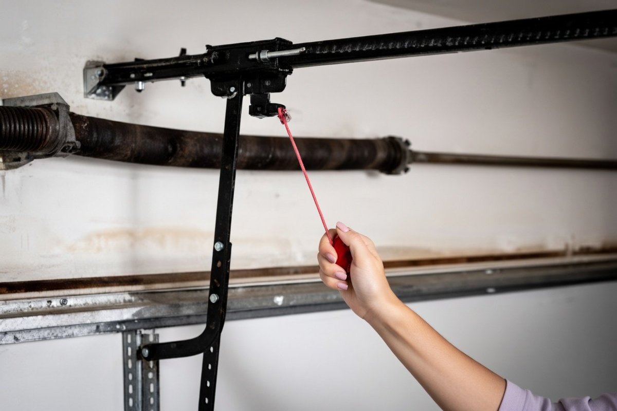 Homeowner pulling the red emergency release cord on a garage door opener