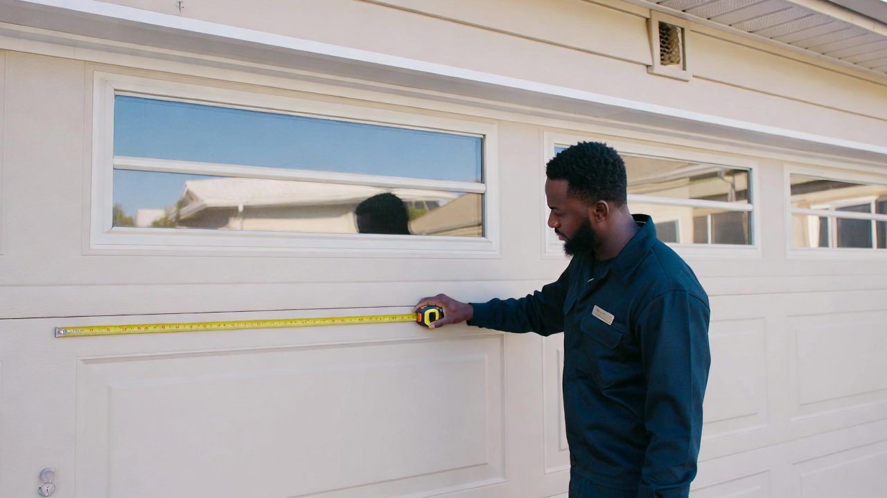 Garage door technician measuring a residential garage door for replacement in North Alabama